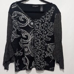 Apostrophe Woman Top Womens 16-18W Black Good Beaded Paisley Bell Sleeve Rose